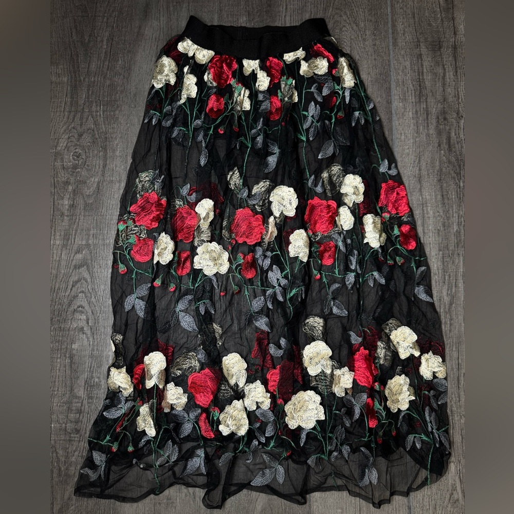 Floral Embroidered Black Skirt